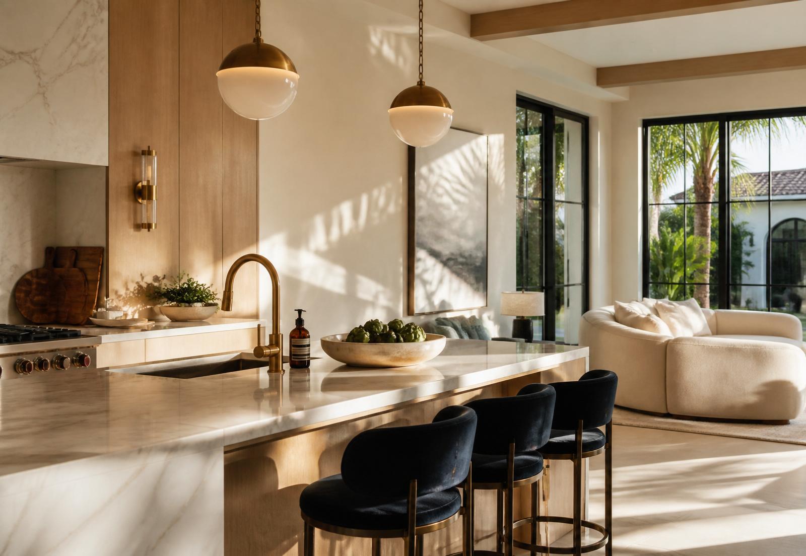 Luxury South Florida kitchen interior with brass fixtures and marble finishes
