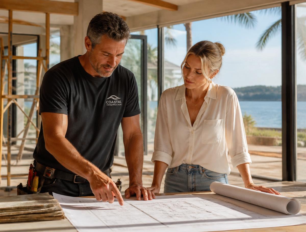 Designer and contractor reviewing plans at a coastal Florida job site